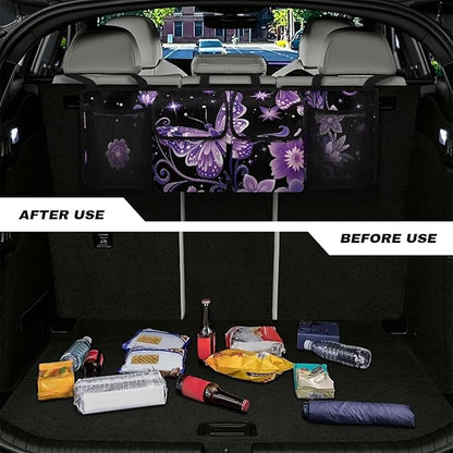 Hanging Car Trunk Organizer with 4 Pockets Purple Butterfly Auto Back Seat Storage Bag Auto Interior Accessories for Sedans SUV MPV Trucks Jeep Pickup