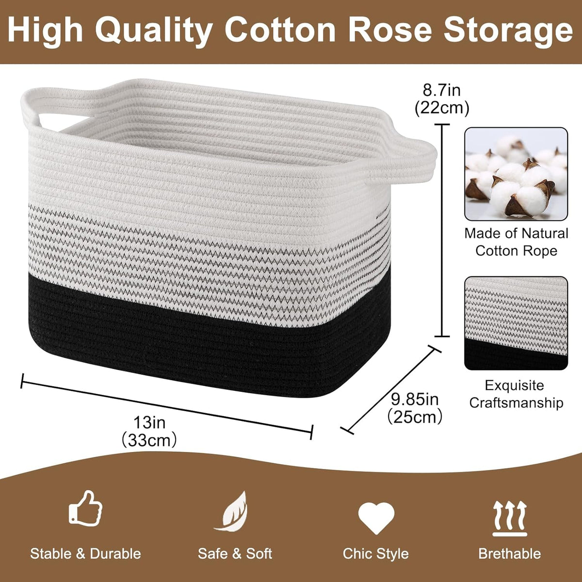 Storage Basket for Organizing, Woven Baskets for Storage, Rectangle Decorative Baskets for Shleves, Closet, Toys, Books, Nursery Organizer Bins - Pack of 3 (Gradient Black, 13"x9.85"x8.7")
