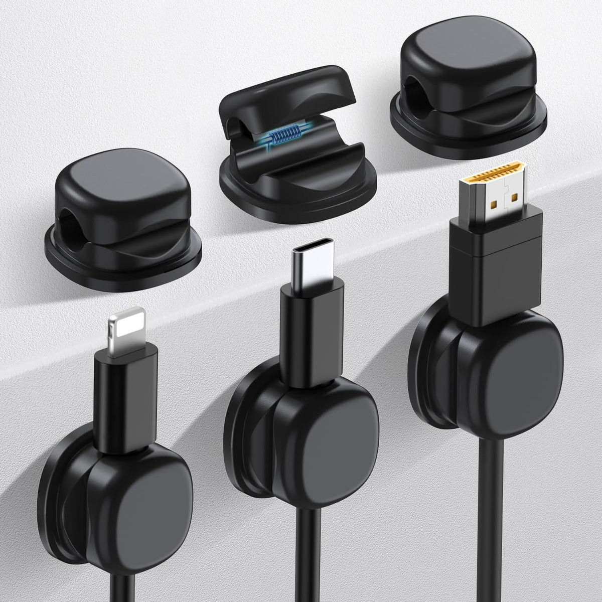 AhaStyle Spring Cable Organizer [1s Lock] 6 Pack Cord Cable Holders Clips Strong Adhesive Cable Cord Keeper [Smooth Adjustable] Hide Wire Cord Organizer for Nightstand Kitchen Car Office (Black)