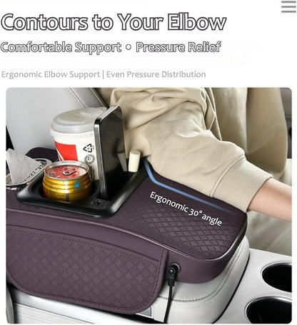 2026 Upgraded Car Center Console Cushion with 30w USB& Type-C Charging Ports, Leather Car Armrest Pad Cover, Interior Accessories for Most Vehicles (Ergonomic Sloped Version, Orange)