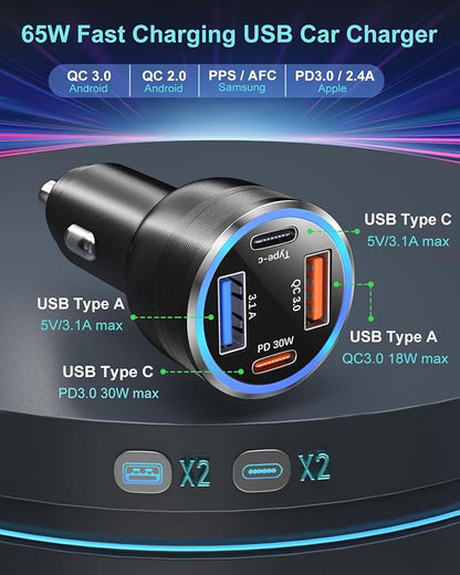 65W USB C Car Charger with Retractable Coiled USB C Cords, OKRAY 4-Port Car Charger PD30W&QC3.0 Fast Charging 12v Cigarette Lighter Adapter for iPhone 17 Air 16e 15 16 Pro, Samsung Galaxy S25 S24 A16