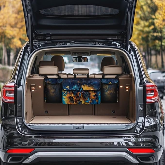 Sunflower Car Trunk Organizer and Storage, Backseat Hanging Organizer for SUV, Truck, MPV, Van, Sedan, Waterproof Cargo Storage Bag with 4 Pockets, Sunflower Car Accessories for Women