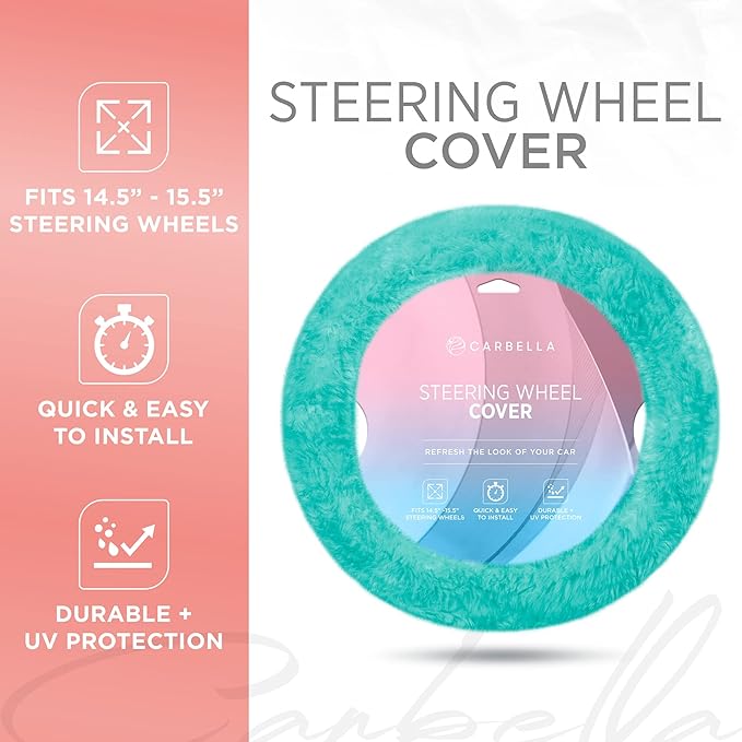 Carbella Aspen Mint Fuzzy Steering Wheel Cover for Women – Cute and Stylish Fluffy Fur Steering Wheel Cover for Cars Trucks Vans SUVs, Universal Fit for Wheel Sizes 14.5 to 15.5 inches