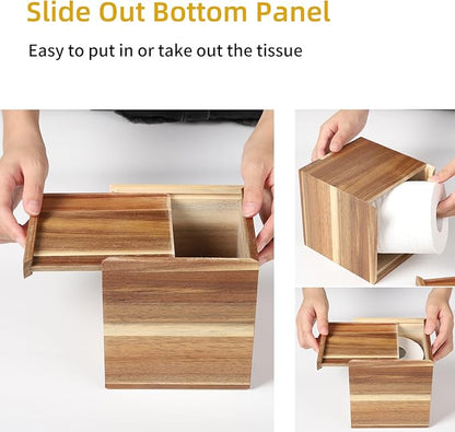 CATORY Tissue Box Cover, Acacia Wood Tissue Box Cover Square, Rustic Tissue Box Holder Covers Your Tissues, Decorative Tissue Cube Box Cover with Slide-Out Bottom