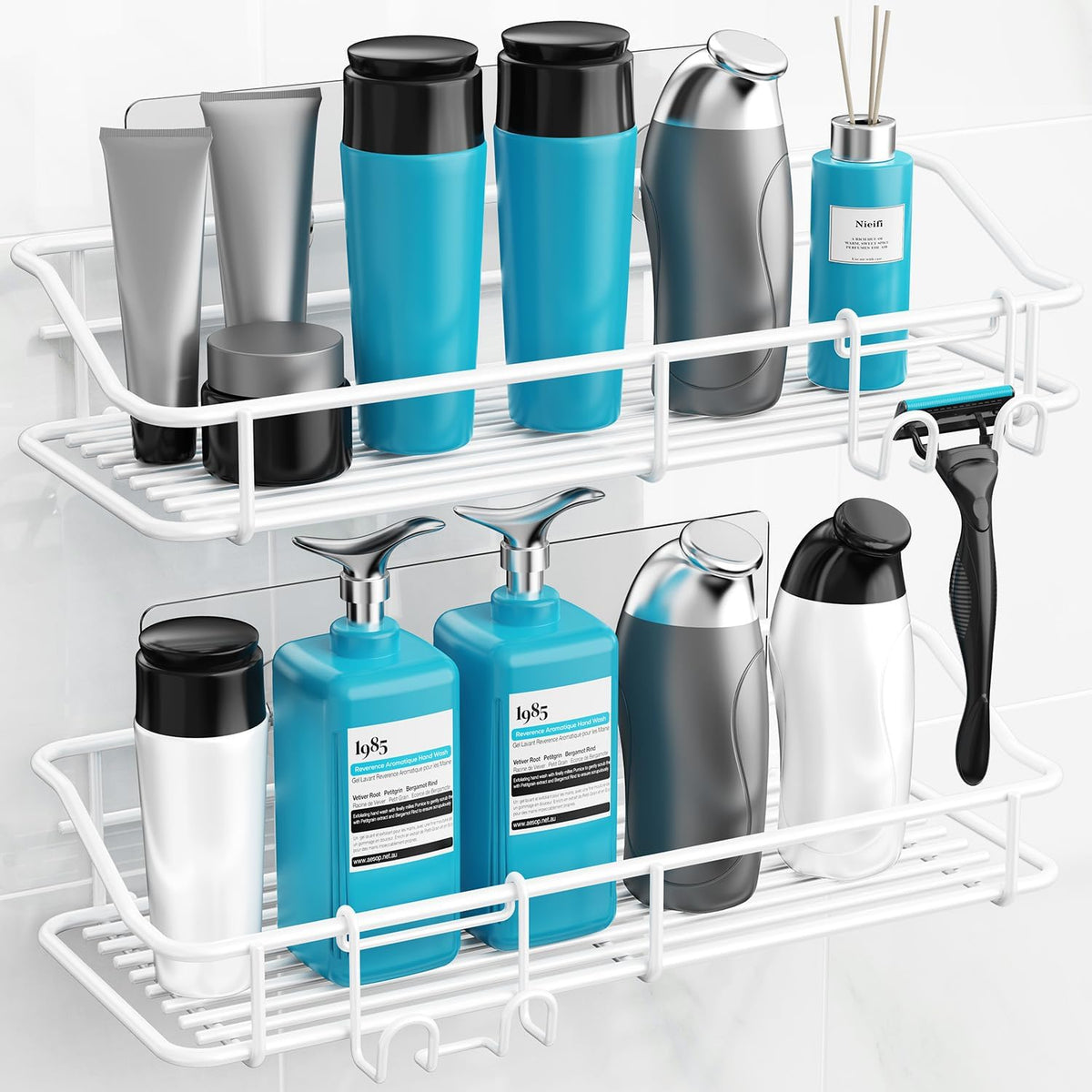 Nieifi Shower Caddy Shelf with Hooks Storage Rack Organizer Adhesive Stainless Steel Without Drilling for Bathroom, Lavatory, Washroom, Restroom, Shower, Toilet, Kitchen - 2 Pack (White)