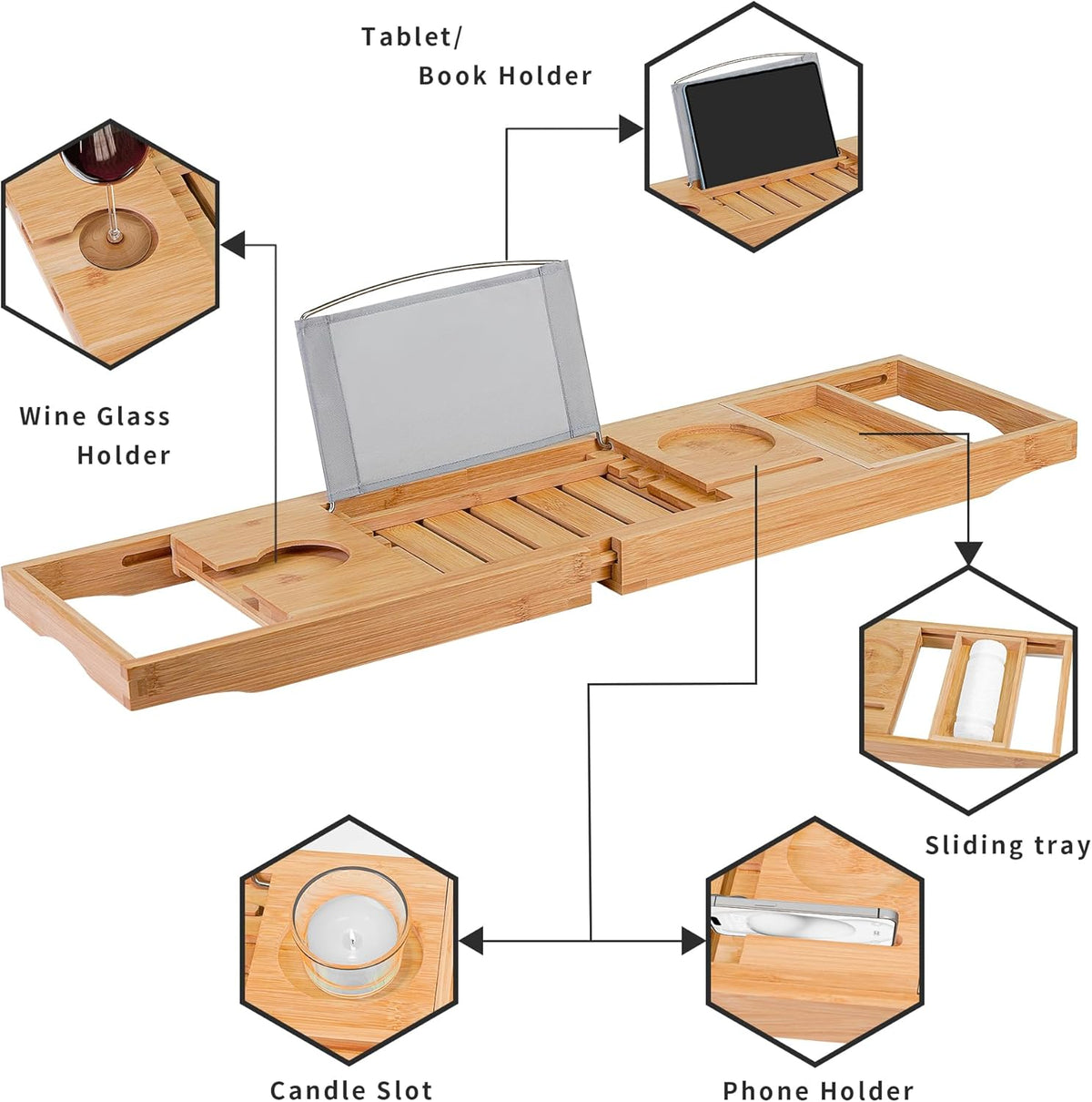 Utoplike Bamboo Bathtub Caddy Tray Bath Tray for Tub, Adjustable Bathroom Bathtub Organizer with Book Tablet Wine Glass Cup Towel Holder
