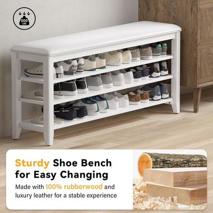 Shoe Bench Storage Rubberwood with Leather Cushion for Entryway Bench Ideal for Hallways Shoe Rack Front Doors Entrances Mudrooms Featuring 3 Height-Adjustable and Removable Shelves