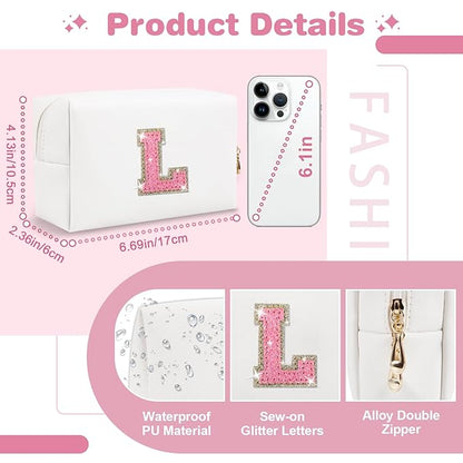 Small Initial Patch Makeup Bag Personalized Gifts Make Up Bag,White Cute PU Leather Glitter Letter Cosmetic Bag with Zipper,Trendy Portable Travel Toiletry Pouch,Preppy Stuff for Teen Girls Women L