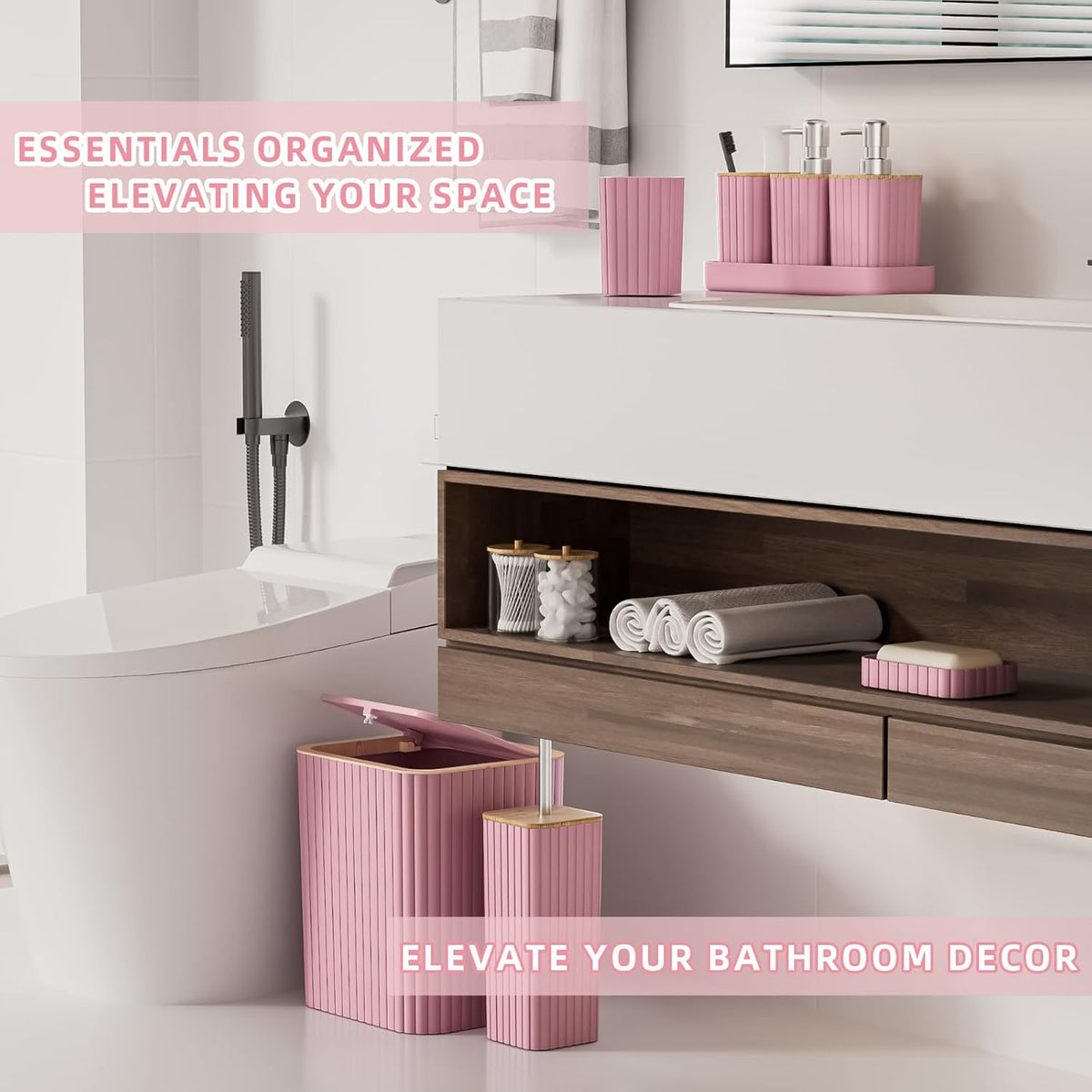 Bathroom Accessories Set - Elegant Pink Bathroom Set, 10PC Bathroom Accessory Set, Toilet Brush, Bathroom Trash Can