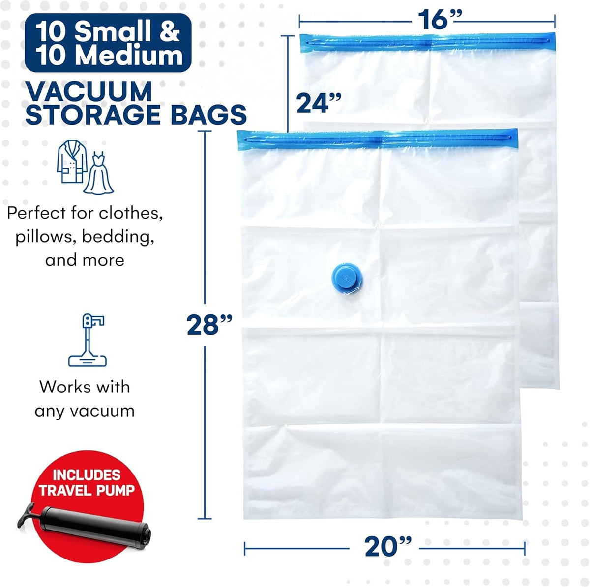 20 Pack Variety Vacuum Storage Bags for Comforters, Blankets & Clothes – Vacuum Sealed Compression Bags with Hand Pump – Space Saver Storage Bags for Bedding, Moving, Travel & Organization (10S & 10M)