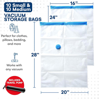 20 Pack Variety Vacuum Storage Bags for Comforters, Blankets & Clothes – Vacuum Sealed Compression Bags with Hand Pump – Space Saver Storage Bags for Bedding, Moving, Travel & Organization (10S & 10M)