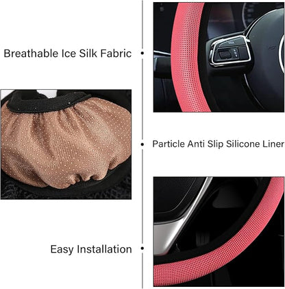 Red Mesh Steering Wheel Cover, Universal 15 inch, Elastic Stretch Microfiber Breathable Ice Silk Cover, Anti-Slip, Odorless, Sweat Absorption, Warm in Winter and Cool in Summer