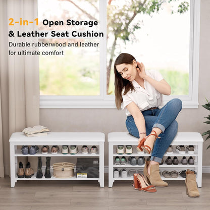 Shoe Bench Storage Rubberwood with Leather Cushion for Entryway Bench Ideal for Hallways Shoe Rack Front Doors Entrances Mudrooms Featuring 3 Height-Adjustable and Removable Shelves