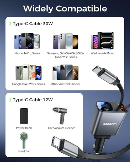 Retractable Car Charger for iPhone 17,Rocoren 4 in 1 USB C Car Charger Fast Charging with Dual 2.62Ft Type-C Cable,69W Car Phone Charger,Road Trip Essentials,Car Accessories for iPhone 16,iPad,Android