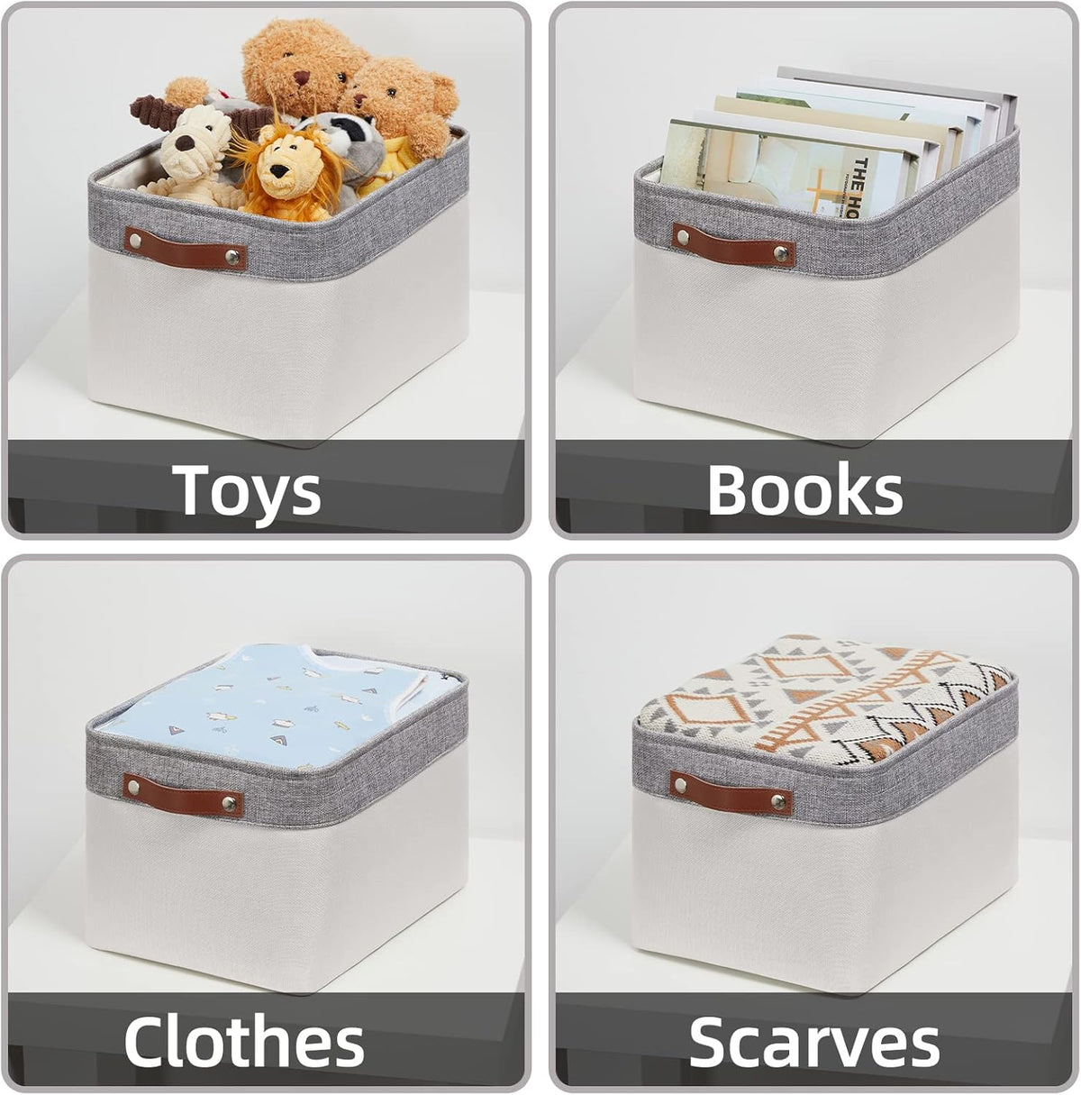 HNZIGE Large Storage Baskets for Shelves(3 Pack) Fabric Storage Toy Baskets with Handles, Decorative Foldable Storage Bins for Organizing (Gray&White-Leather Handles, 15"x11"x9.5")