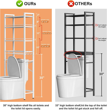 Over-The-Toilet Storage Rack, 4-Tier Bathroom Organizer Shelf Over Toilet with Adjustable Shelf and Basket, Freestanding Space Saver Bathroom Shelves Above Toilet for Room (Pure White)