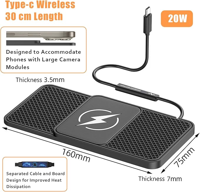 Wireless Car Phone Charger for Kia Optima GT/T-GDI, Type C/USB 20W Fast Charging Pad, Non-Slip Charging Station for Travel Home Office Desk, Lightweight,Type-C