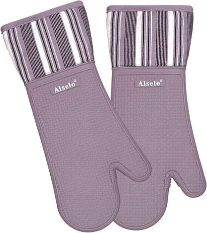 Silicone Oven Mitts Heat Resistant 550 Degree Extra Long Kitchen Gloves Pot Holders with Waterproof and Non-Silp for Baking Cooking Barbecue Microwave Machine Washable (Extra Long Purple, 2)