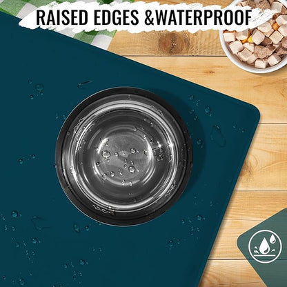 MateeyLife Dog & Cat Food Mat, Waterproof & Nonslip Silicone Feeding Mats for Dogs and Cats, Raised Edge Tray for Messy Drinkers, 24"x16", Navy