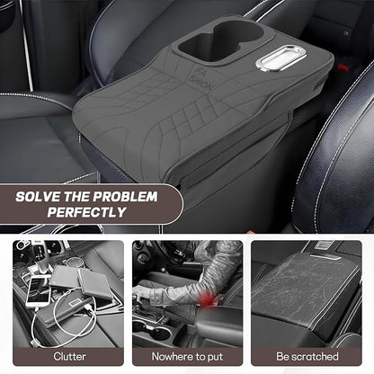Car Center Console Armrest Pillow, 13.4"×7.5"×2" Leather Auto Arm Rest Cover with Pocket & Tissue Box & Cup Holder, Multifunctional Vehicle Armrest Cushion Pad, Car Accessories (Gray)