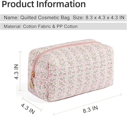 Gleyemor 2 Pieces Quilted Makeup Bag, Cute Floral Cosmetic Bag for Women, Cotton Make Up Bag Set, Flower Travel Toiletry Bag Organizer (Pink Floral+ Navy Flower)