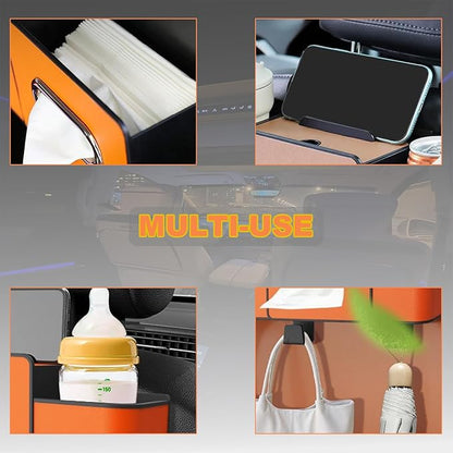 Car Back Seat Organizer, Multifunctional Car Seat Back Storage Box with 2 Cup Holders, Tissue Box for Hold Phones,Snacks, Drinks, Handbags (Brown)