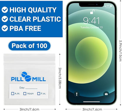 Pill Bag Count - Size 3" X 2" 3 Mil – Plastic Pill Organizer Bags – Small Pocket Pill Baggies – Travel Pill Pouch– Daily AM PM Medicine Storage Pouches – Locking Pill Carrier Container (100-Pack)