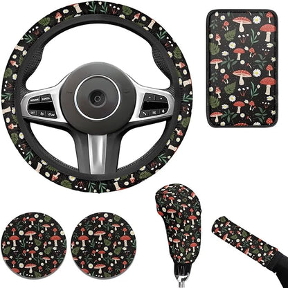 Small Mushroom Car Accessories for Women 6 Pcs Steering Wheel Cover Protector Set Cup Coaster Car Armrest Cover Fits Most Cars Trucks Vans and SUV