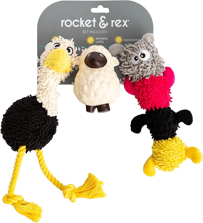 rocket & rex Dog Chew Toy Set for Small to Medium Breeds, Includes a Rope Toy, Rubber Squeaker and Plush Toys with Ball, Reduces Destructive Chewing & Anxiety (Pack of 3)