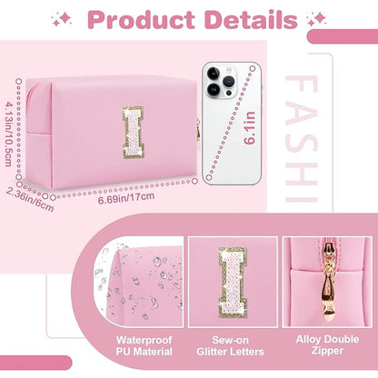 Small Personalized Initial A-Z Patch Makeup Bag,Pink Cute PU Leather Glitter Letter Cosmetic Bag for Teen Girls,Travel Toiletry Bag with Zipper,Preppy Monogrammed Birthday Gift for Daughter Niece I