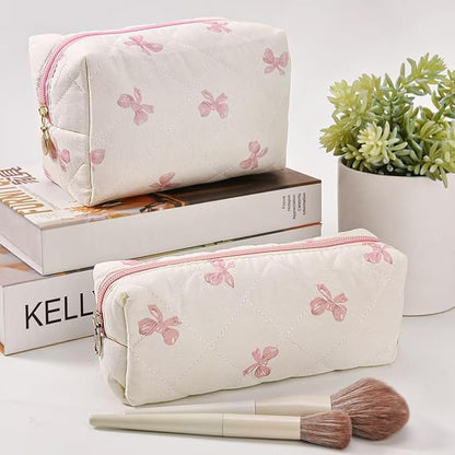 MZLUWM 2 Pcs Makeup Bag Travel Cosmetic Bag，Cute Floral Quilted Makeup Bag Set for Women Girls，Cotton Travel Toiletry Zipper Make Up Pouch (Pink Bow)