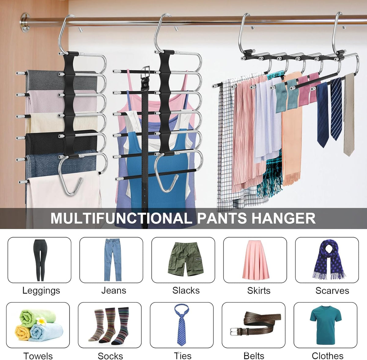 Upgrade 6 Layers Pants Hangers Space Saving, 2 Pack Stainless Steel Multifunctional Rack Non Slip S-Type Pant Closet Organizer Saver for Leggings Jeans Trousers Scarf, Black