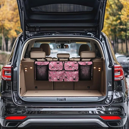 Pink Spiderweb Car Trunk Organizer Bag Car Back Seat Hanging Storage Bag Auto Cargo Bags with 4 Large Pockets Universal Automotive Interior Accessories