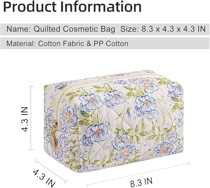 Gleyemor Small Quilted Makeup Bag for Women, Cute Floral Bow Cosmetic Bag, Emergency Bag Travel Toiletry Cotton Pouch Gifts for Girls Her Mom Friend Sister Bridesmaid (Green-Blue)