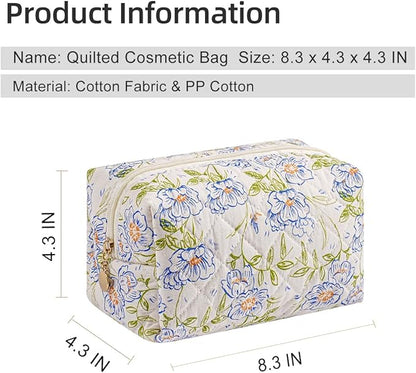 Gleyemor Small Quilted Makeup Bag for Women, Cute Floral Bow Cosmetic Bag, Emergency Bag Travel Toiletry Cotton Pouch Gifts for Girls Her Mom Friend Sister Bridesmaid (Green-Blue)