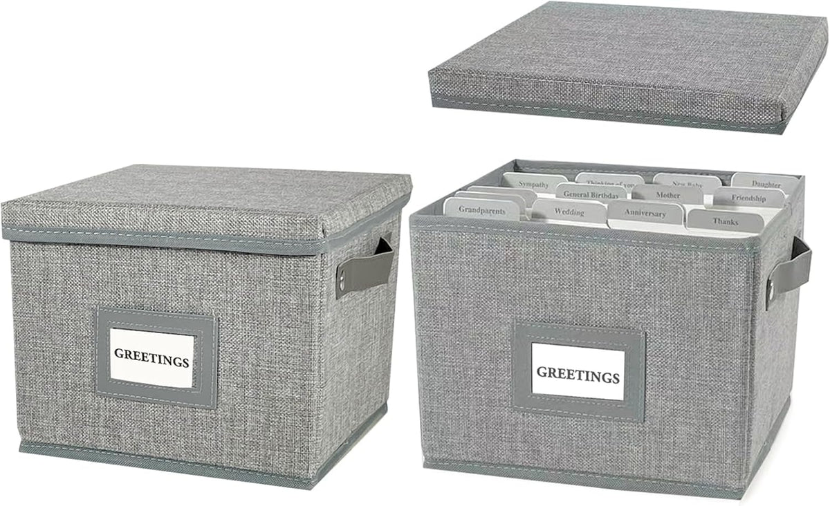 Greeting Card Organizer Box with 16 Dividers,Collapsible Greeting Card Storage Box with Handles Hold 150+ Cards,Greeting Card Holder for Greeting Cards,Sticker, Recipes, Photos, Envelopes,2-Pack