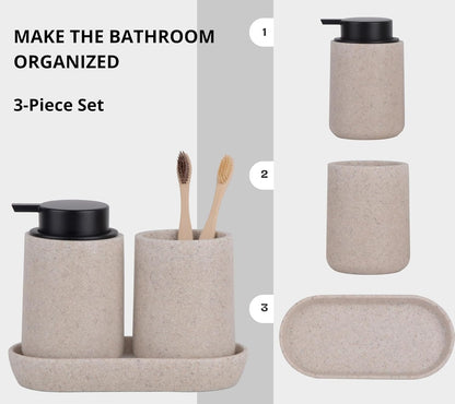 Beige Bathroom Accessories Set, 3 Pcs Resin Bathroom Accessories Complete Set, Sandstone Look Soap Dispenser with Large Pump, Toothbrush Cup, Soap Dish for Modern Home Decor and Kitchen