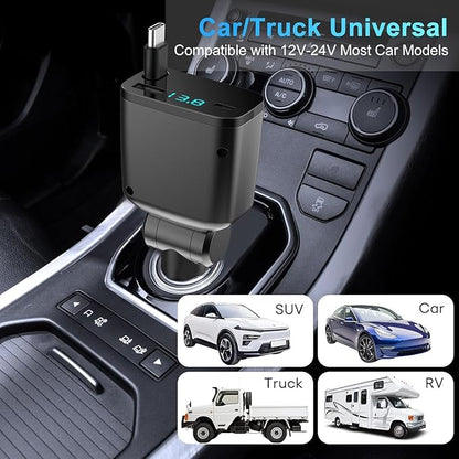 Retractable Car Charger, 3 in 1 USB C Car Phone Charger Adapter Compatible with iPhone 17 16 15 14 13 12 11 Pro Max (Black)