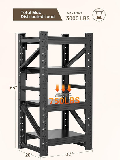 4-Tier Storage Shelves,63" H Heavy-Duty Garage Shelving Unit,Adjustable Industrial Metal Shelf System,3,000lbs Capacity,Tool Organizer for Garage,Workshop,32" W*20" D*63" H,Black
