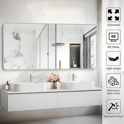 30x60 Inch Silver Bathroom Mirror, Large Rectangular Vanity Mirror, Metal