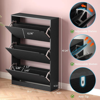 Shoe Storage Cabinet with 3 Flip Drawers,Narrow Shoe Rack Cabinet,Freestanding Organizer Storage for Entryway, Hallway, Black