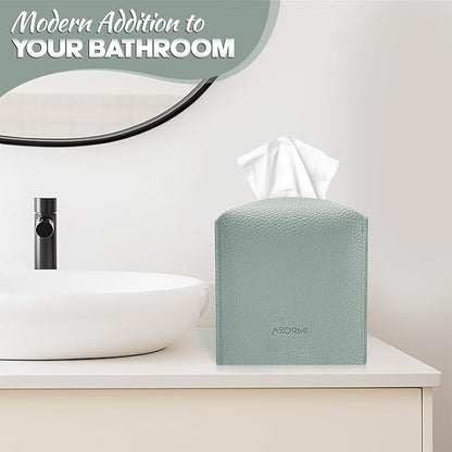 Tissue Box Cover Holder, PU Leather Tissue Box Cover Square with Bottom Belt, Cube Tissue Holder for Bathroom, Modern Organizer for Car, Office, Tabletop (Sky Blue, 14 Leather Patterns)