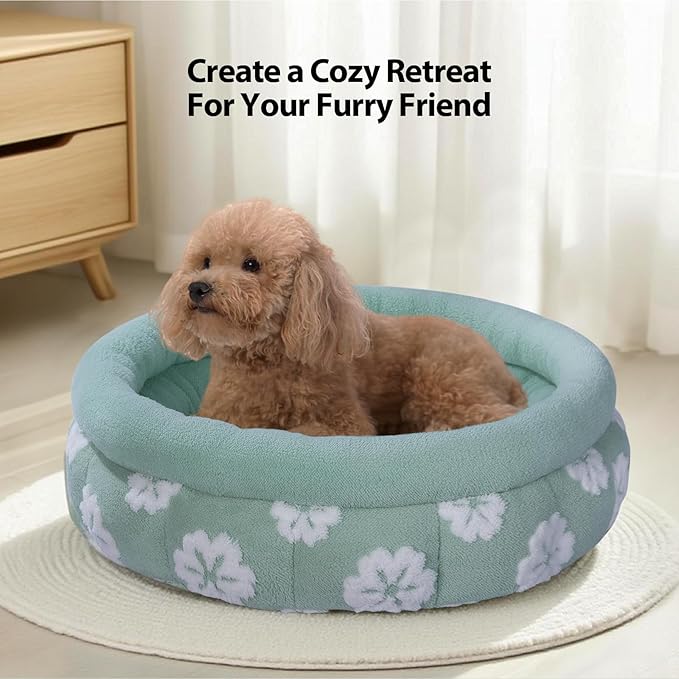 BALANCE Cat Beds for Indoor Cats, Washable Round Cat Bed, Cute 3D Flower Kitten Bed with Anti-Slip Bottom for Puppy and Kitten, 23 Inches, Green