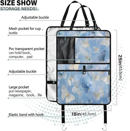 1 Pack Back Seat Car Organizer with Storage Pockets Kick Mats Back Seat Protector Hanging Car Organizer Automotive Seat Back Cover Organizers Sky Blue and White Butterflies