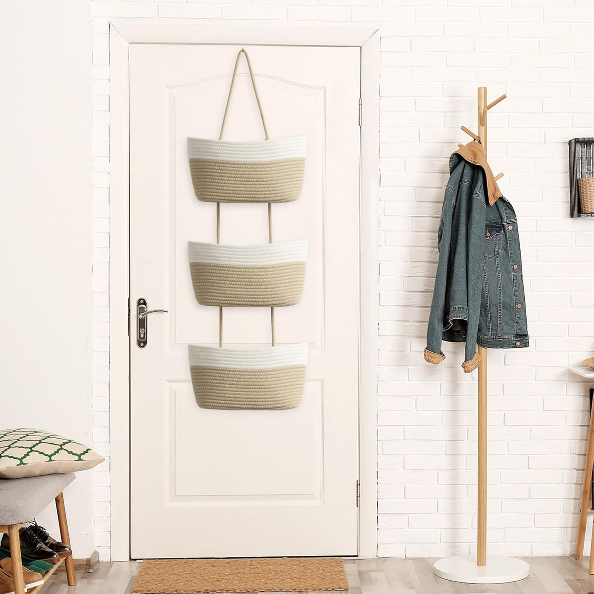 TeoKJ Over the Door Hanging Basket, 3-Tier Woven Cotton Wall-Mounted Storage Organizer Bag Decorative Hanging Kitchen Baskets - White + Jute