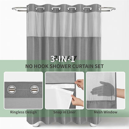 eachope Long No Hook Shower Curtain with Snap-in Fabric Liner Set,Grey Waffle Weave Shower Curtains for Bathroom,Hotel Luxury Decor Bathroom Curtain Set,Waterproof & Washable,71Wx80H
