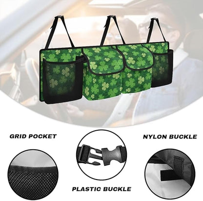 Green Lucky Leaf Car Trunk Organizer, St. Patrick's Day Hanging Seat Back Storage Organizer with Large Pockets, Space-Saving Backseat Car Organizer, Large Capacity Collapsible Bag