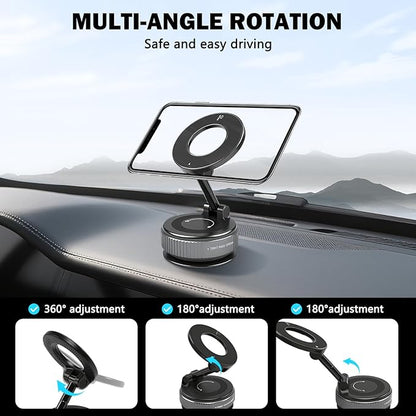 Vacuum Magnetic Phone Holder with Sticky Gel Base, 360° Foldable Suction Cup Phone Mount for Textured Dashboard Windshield, Strong Magnetic Car Mount for iPhone MagSafe & Android Phones(Black)
