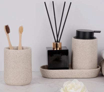 Beige Bathroom Accessories Set, 3 Pcs Resin Bathroom Accessories Complete Set, Sandstone Look Soap Dispenser with Large Pump, Toothbrush Cup, Soap Dish for Modern Home Decor and Kitchen