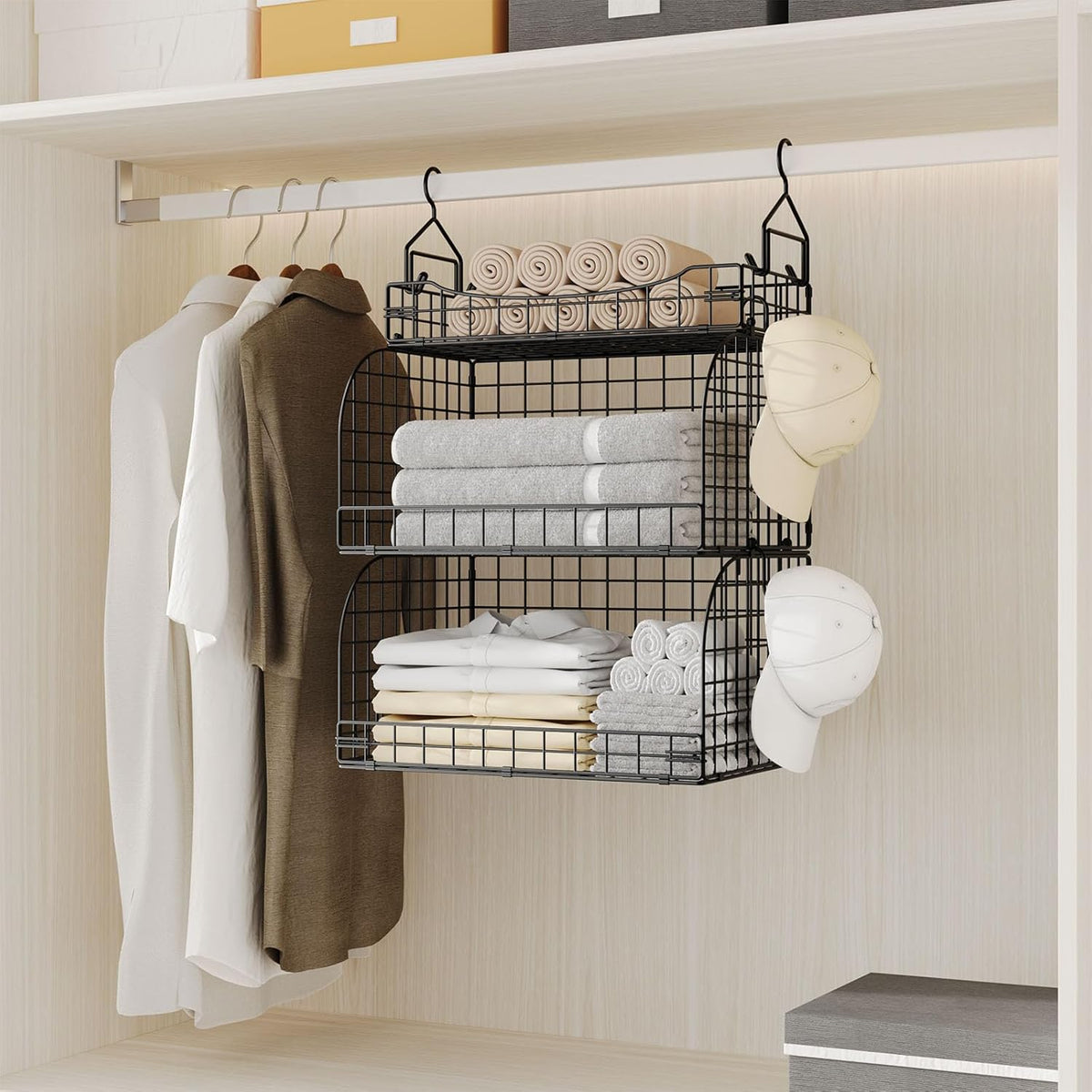 HapiRm Hanging Closet Organizer Storage - 3 Tier Metal Stackable Hanging Closet Shelves with Dividers and S Hooks, Foldable Clothes Shelves for Clothes, Pants, Shoes, Coat, Hats Clutches Accessories
